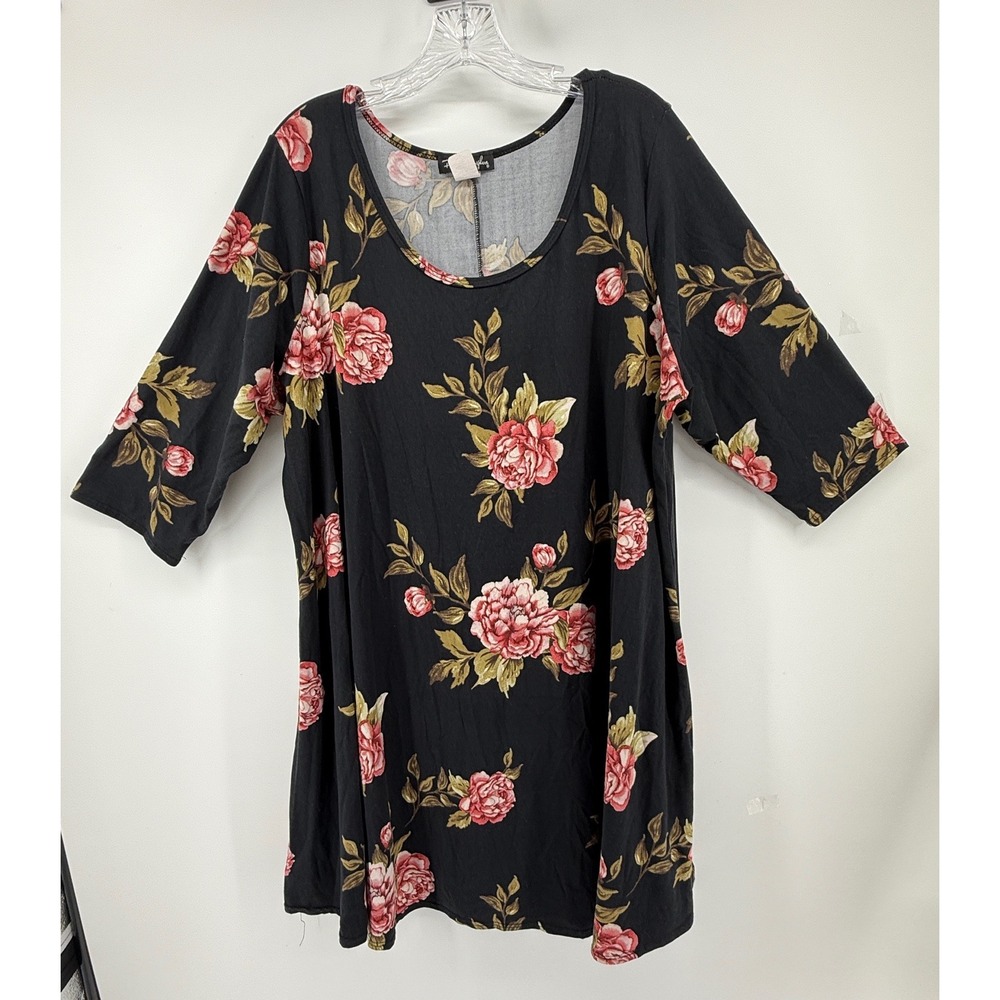 French Atmosphere Womens 3X Floral Tunic Top Black Rose 3/4 Sleeve Cottageore